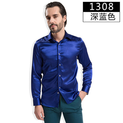 2016 Fashion Shiny Silky Satin Dress Shirt Luxury Silk Like Long Sleeve
