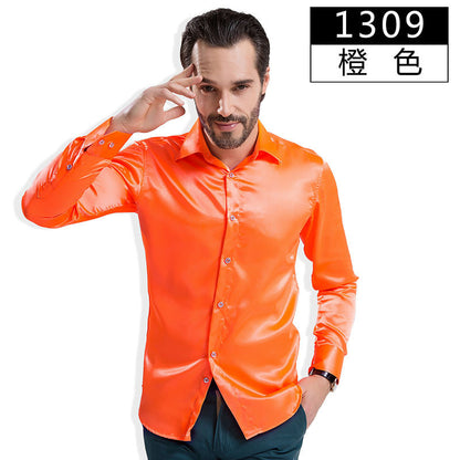 2016 Fashion Shiny Silky Satin Dress Shirt Luxury Silk Like Long Sleeve