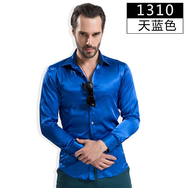2016 Fashion Shiny Silky Satin Dress Shirt Luxury Silk Like Long Sleeve