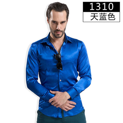 2016 Fashion Shiny Silky Satin Dress Shirt Luxury Silk Like Long Sleeve