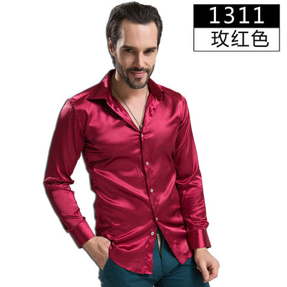 2016 Fashion Shiny Silky Satin Dress Shirt Luxury Silk Like Long Sleeve