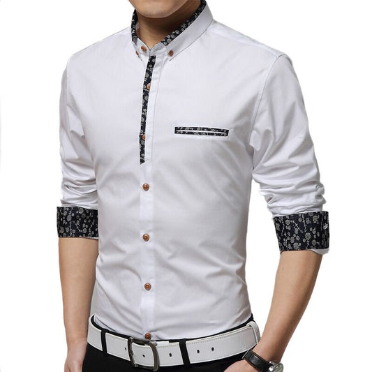 Shirt men 2016 new men Slim casual long-sleeved shirt solid color floral fashion - Shopy Max