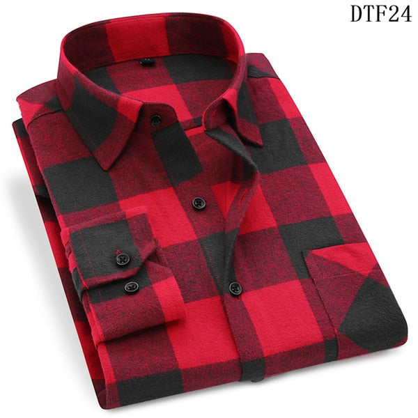 Men's Long Sleeve Flannel Plaid Shirt 100% Cotton Spring Festival Autumn Soft Comfortable Men Social