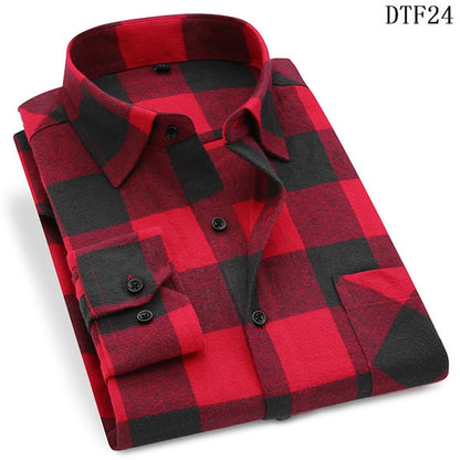Men's Long Sleeve Flannel Plaid Shirt 100% Cotton Spring Festival Autumn Soft Comfortable Men Social