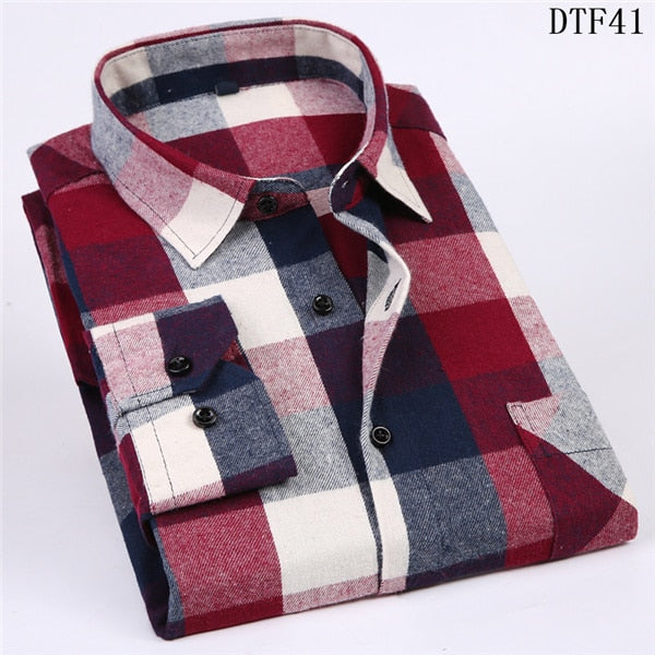 Men's Long Sleeve Flannel Plaid Shirt 100% Cotton Spring Festival Autumn Soft Comfortable Men Social