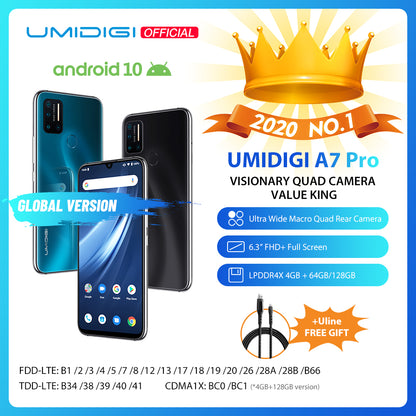 In Stock UMIDIGI A7 Pro Quad Camera Android 10 OS 6.3" FHD+ Full Screen