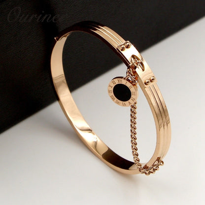 Fine Jewelry Black Round Tag Chain Bangles Roman Numerals Bracelet For Women