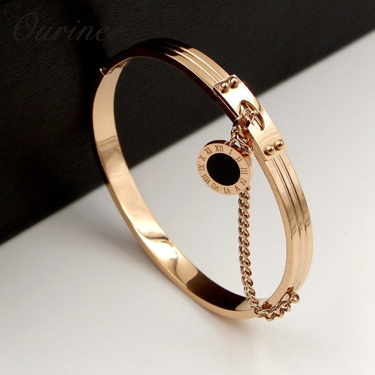 Fine Jewelry Black Round Tag Chain Bangles Roman Numerals Bracelet For Women