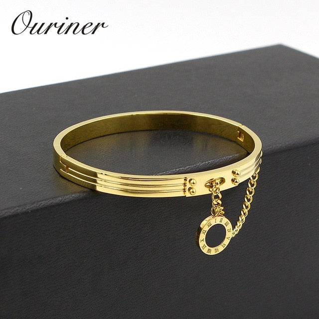 Fine Jewelry Black Round Tag Chain Bangles Roman Numerals Bracelet For Women