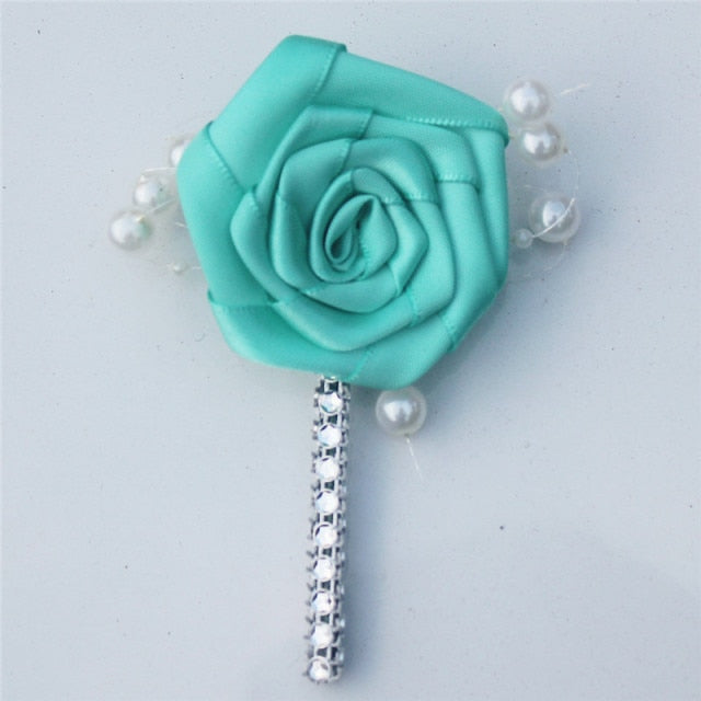 European Wedding Flowers Groom Groomsmen Boutonniere Wedding Prom Men Suit Lapel Pin Silk Ribbon Ceremony Flower Brooch X8715