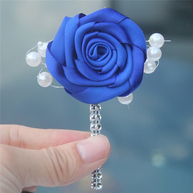 European Wedding Flowers Groom Groomsmen Boutonniere Wedding Prom Men Suit Lapel Pin Silk Ribbon Ceremony Flower Brooch X8715