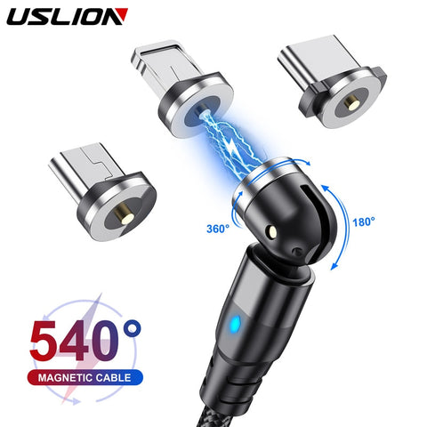 USLION 540 Degree Roating Magnetic Cable Micro USB Type C Phone Cable For iPhone11 Pro XS Max Samsung Xiaomi USB Cord Wire Cable