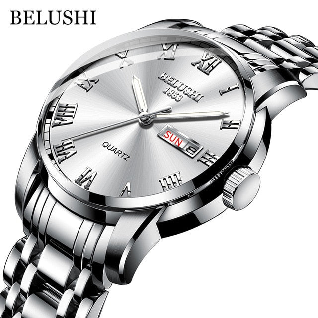 BELUSHI Top Brand Watch Men Stainless Steel Business Date Clock Waterproof