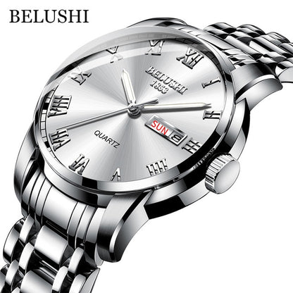 BELUSHI Top Brand Watch Men Stainless Steel Business Date Clock Waterproof