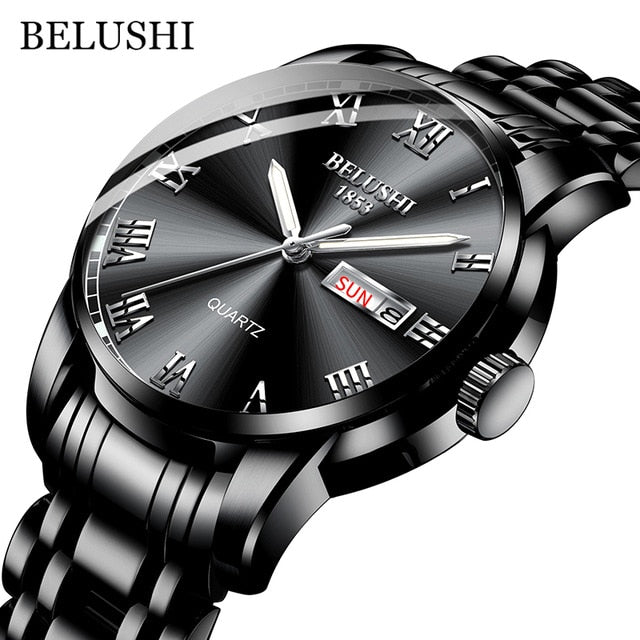 BELUSHI Top Brand Watch Men Stainless Steel Business Date Clock Waterproof