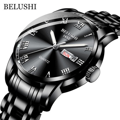 BELUSHI Top Brand Watch Men Stainless Steel Business Date Clock Waterproof