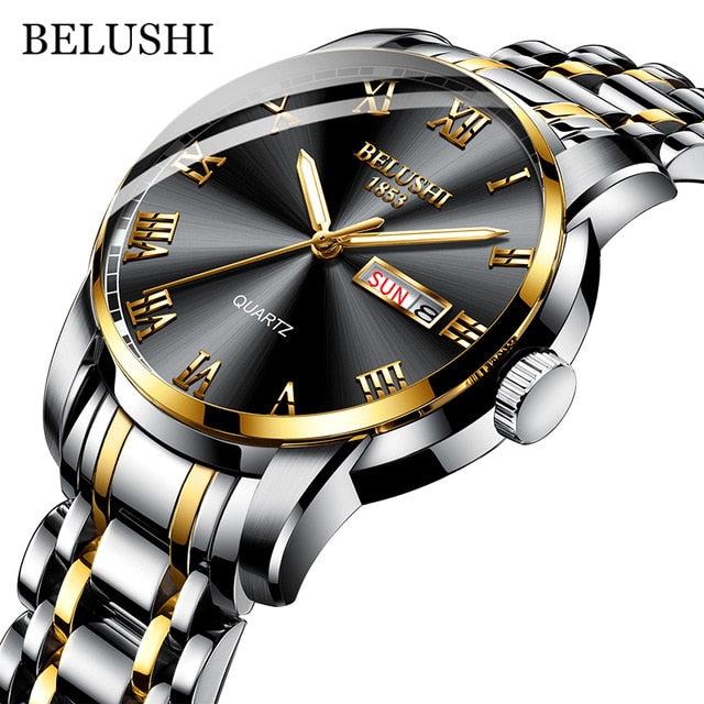 BELUSHI Top Brand Watch Men Stainless Steel Business Date Clock Waterproof