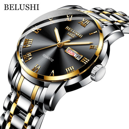 BELUSHI Top Brand Watch Men Stainless Steel Business Date Clock Waterproof