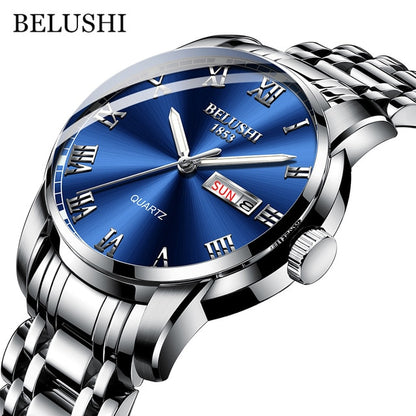 BELUSHI Top Brand Watch Men Stainless Steel Business Date Clock Waterproof