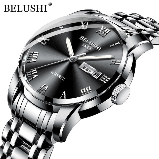BELUSHI Top Brand Watch Men Stainless Steel Business Date Clock Waterproof