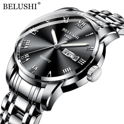 BELUSHI Top Brand Watch Men Stainless Steel Business Date Clock Waterproof