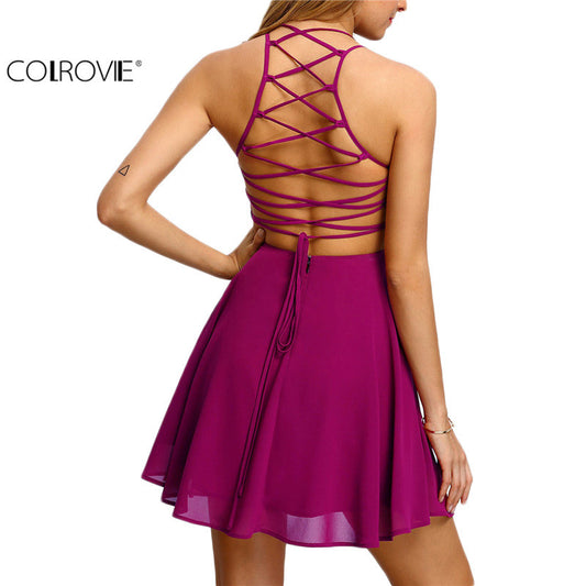 COLROVIE Hot Pink Cross Lace Up Backless Spaghetti Strap Short Skater Dress Women - Shopy Max