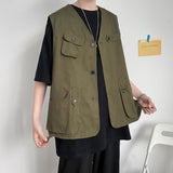 Mens Fashion Tooling Vest Men Streetwear Cargo Vest Hip Hop Sleeveless