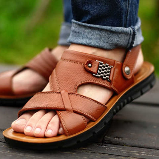 Big Size 48 Men Leather Sandals Summer Classic Men Shoes Slippers Soft