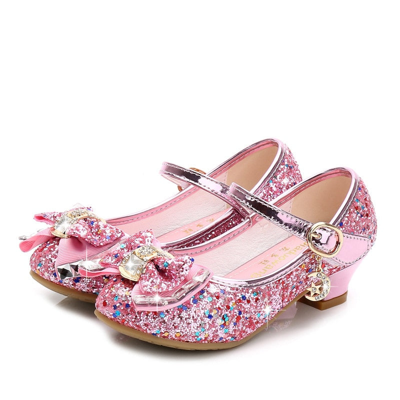 Princess Kids Leather Shoes for Girls Flower Casual Glitter Children High