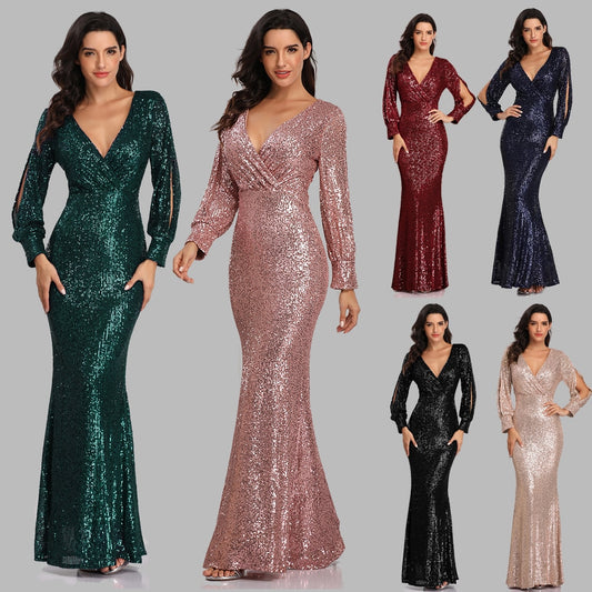 Sexy V-neck Mermaid Evening Dress Long Formal Prom Party Gown Full