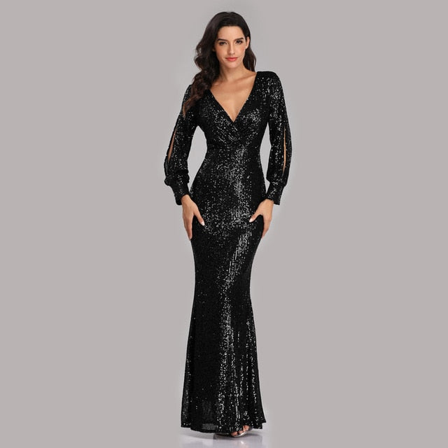 Sexy V-neck Mermaid Evening Dress Long Formal Prom Party Gown Full