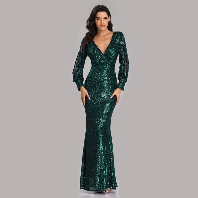 Sexy V-neck Mermaid Evening Dress Long Formal Prom Party Gown Full
