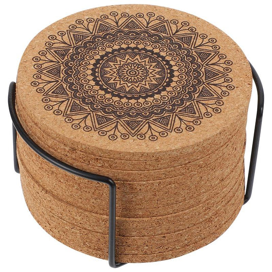 1 Set Creative Nordic Mandala Design Round Shape Wooden Coasters With Rack Nordic Mandala Round Cork Coaster