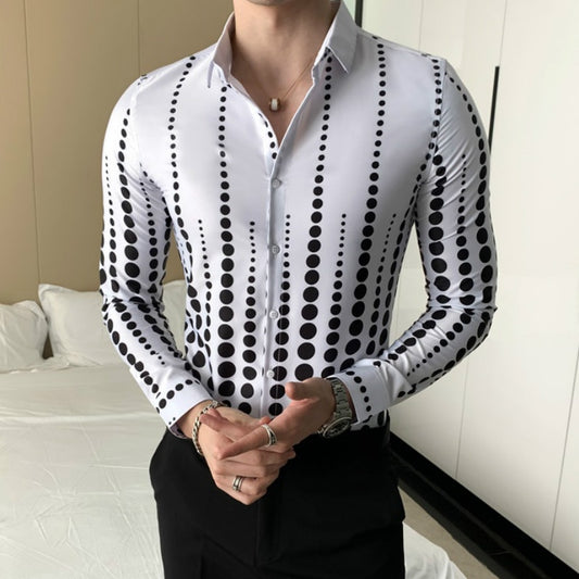 Fashion Point Striped Print Men Shirt Slim Fit Long Sleeve Casual Dress Shirts Streetwear
