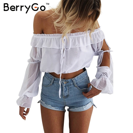 BerryGo Short ruffles chiffon blouse shirt Women summer crop tops off shouder White - Shopy Max