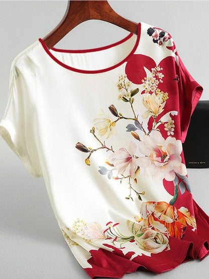 Fashion Floral Print Blouse Pullover Ladies Silk Satin Blouses Plus Size