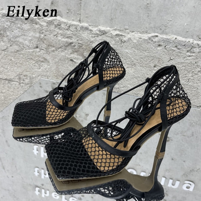 Eilyken 2021 New Sexy Yellow Mesh Pumps Sandals Female Square Toe high heel