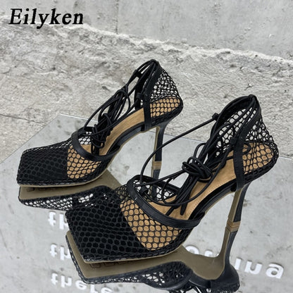 Eilyken 2021 New Sexy Yellow Mesh Pumps Sandals Female Square Toe high heel