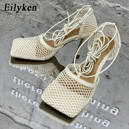 Eilyken 2021 New Sexy Yellow Mesh Pumps Sandals Female Square Toe high heel