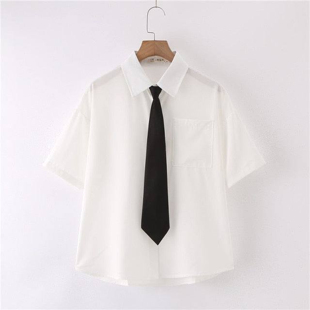 Women Summer Blouses Shirt Short Sleeve Solid White Tops With Tie