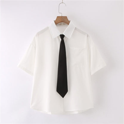 Women Summer Blouses Shirt Short Sleeve Solid White Tops With Tie