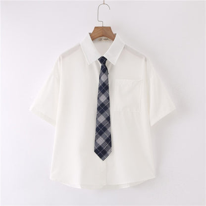 Women Summer Blouses Shirt Short Sleeve Solid White Tops With Tie