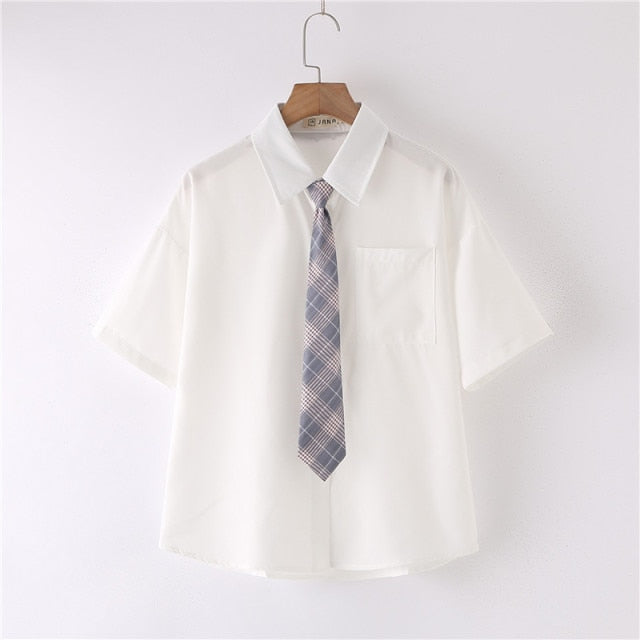 Women Summer Blouses Shirt Short Sleeve Solid White Tops With Tie