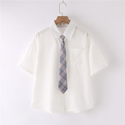 Women Summer Blouses Shirt Short Sleeve Solid White Tops With Tie