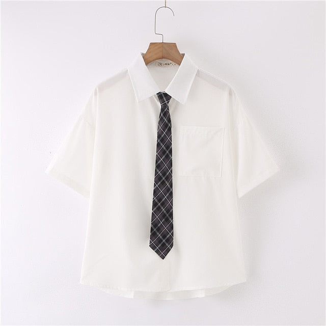 Women Summer Blouses Shirt Short Sleeve Solid White Tops With Tie