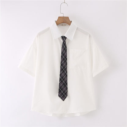 Women Summer Blouses Shirt Short Sleeve Solid White Tops With Tie