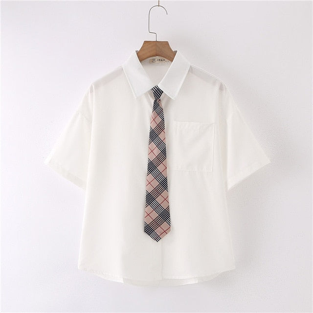 Women Summer Blouses Shirt Short Sleeve Solid White Tops With Tie
