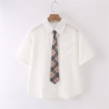 Women Summer Blouses Shirt Short Sleeve Solid White Tops With Tie