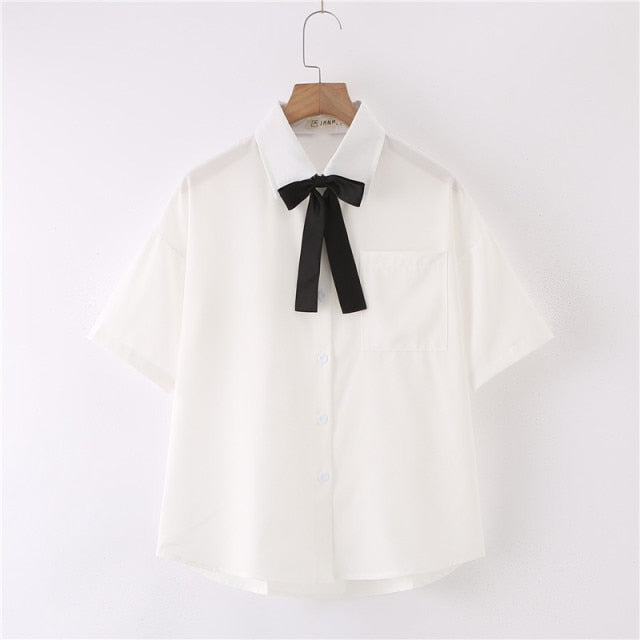 Women Summer Blouses Shirt Short Sleeve Solid White Tops With Tie