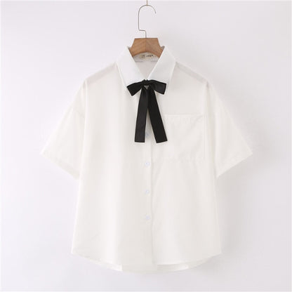 Women Summer Blouses Shirt Short Sleeve Solid White Tops With Tie
